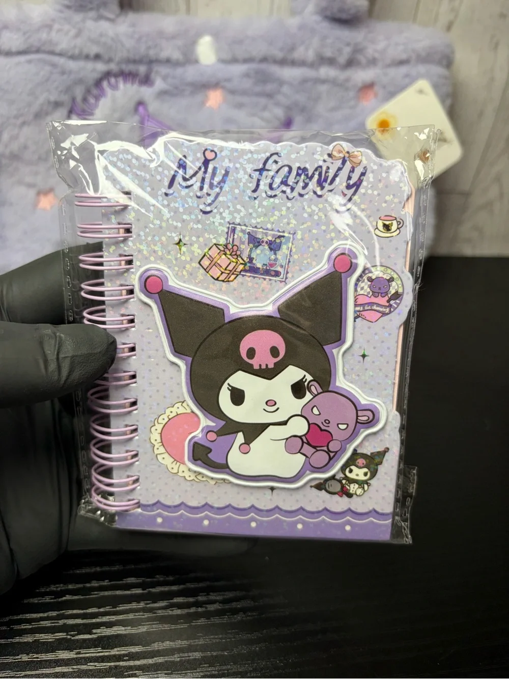 Lilac Plush Kids Kuromi Embroidered Handbag With Kute Kuromi Notepad